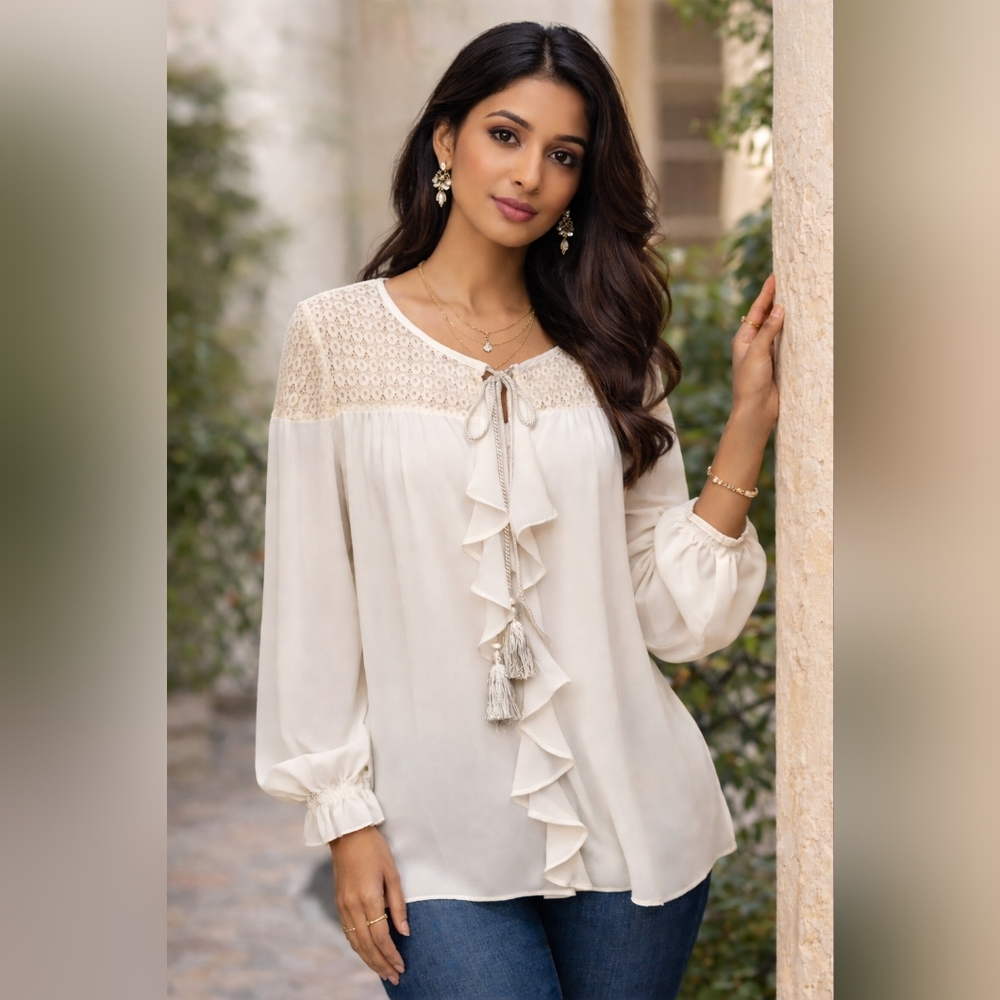 Boho Ivory Lace Yoke Peasant Blouse Tassel Tie Long Sleeve Size L Romantic Flowy